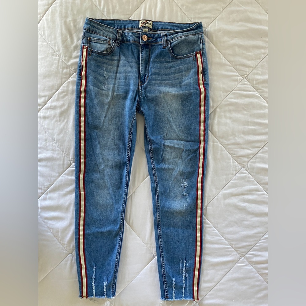DENIM BLVD RED/Cream Striped Skinny Jeans